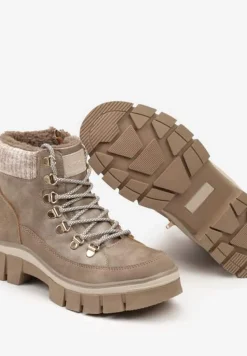 Beżowe Traperki na Platformie z Tłoczeniem i Sznurowaniem Neaniella