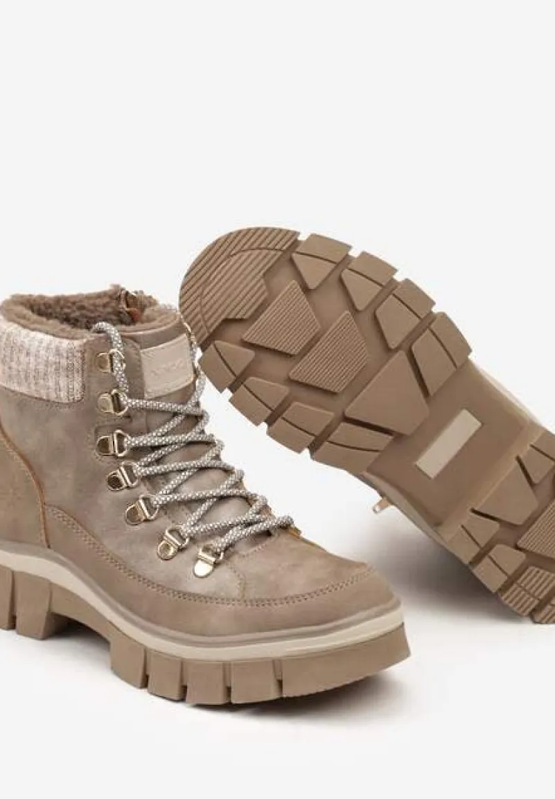 Beżowe Traperki na Platformie z Tłoczeniem i Sznurowaniem Neaniella