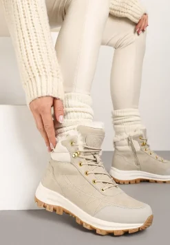 Beżowe Traperki na Tłoczonej Platformie ze Sznurowaniem Zinlatta
