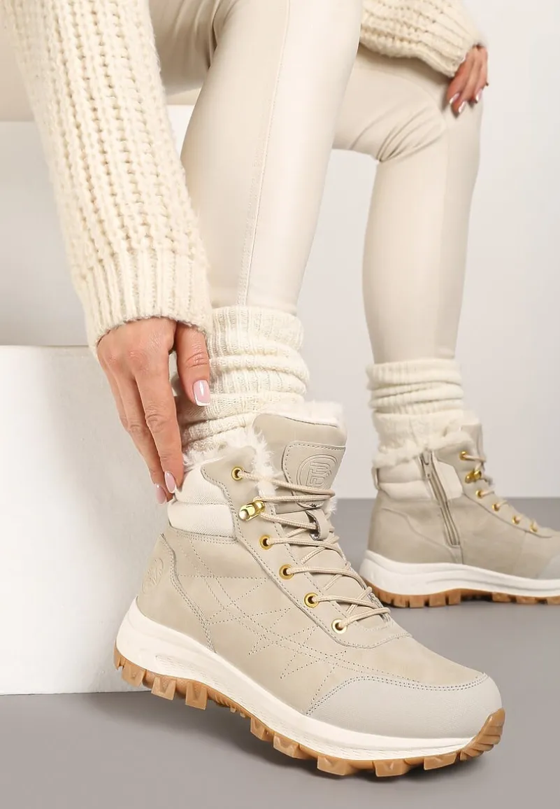 Beżowe Traperki na Tłoczonej Platformie ze Sznurowaniem Zinlatta
