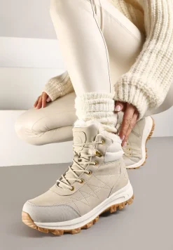 Beżowe Traperki na Tłoczonej Platformie ze Sznurowaniem Zinlatta