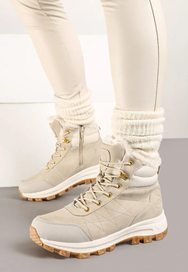 Beżowe Traperki na Tłoczonej Platformie ze Sznurowaniem Zinlatta