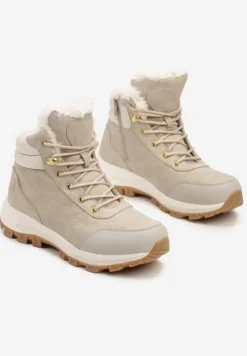 Beżowe Traperki na Tłoczonej Platformie ze Sznurowaniem Zinlatta