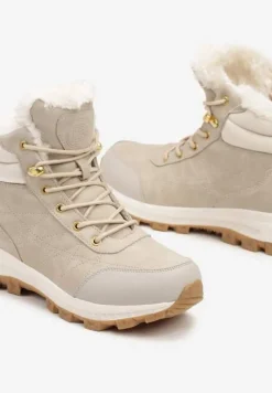 Beżowe Traperki na Tłoczonej Platformie ze Sznurowaniem Zinlatta