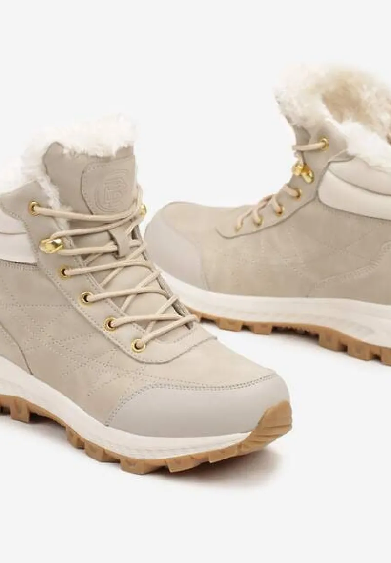 Beżowe Traperki na Tłoczonej Platformie ze Sznurowaniem Zinlatta