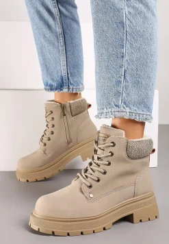 Beżowe Traperki na Tłoczonej Podeszwie z Materiałowymi Wstawkami Daithra