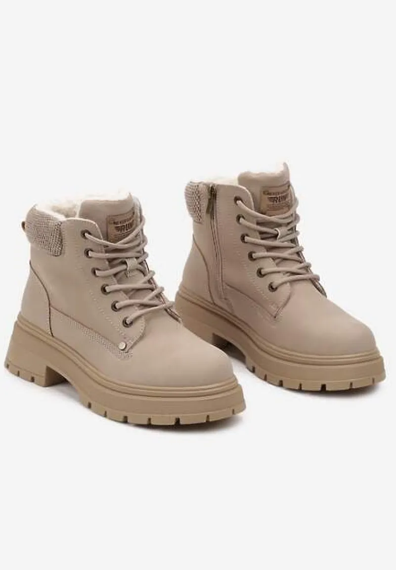 Beżowe Traperki na Tłoczonej Podeszwie z Materiałowymi Wstawkami Daithra