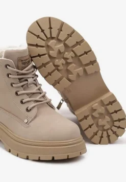 Beżowe Traperki na Tłoczonej Podeszwie z Materiałowymi Wstawkami Daithra