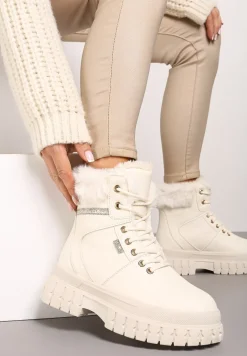 Beżowe Traperki na Tłoczonej Podeszwie z Brokatowymi Wstawkami i Futrem Tomina