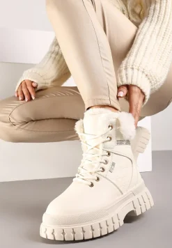 Beżowe Traperki na Tłoczonej Podeszwie z Brokatowymi Wstawkami i Futrem Tomina