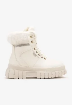 Beżowe Traperki na Tłoczonej Podeszwie z Brokatowymi Wstawkami i Futrem Tomina