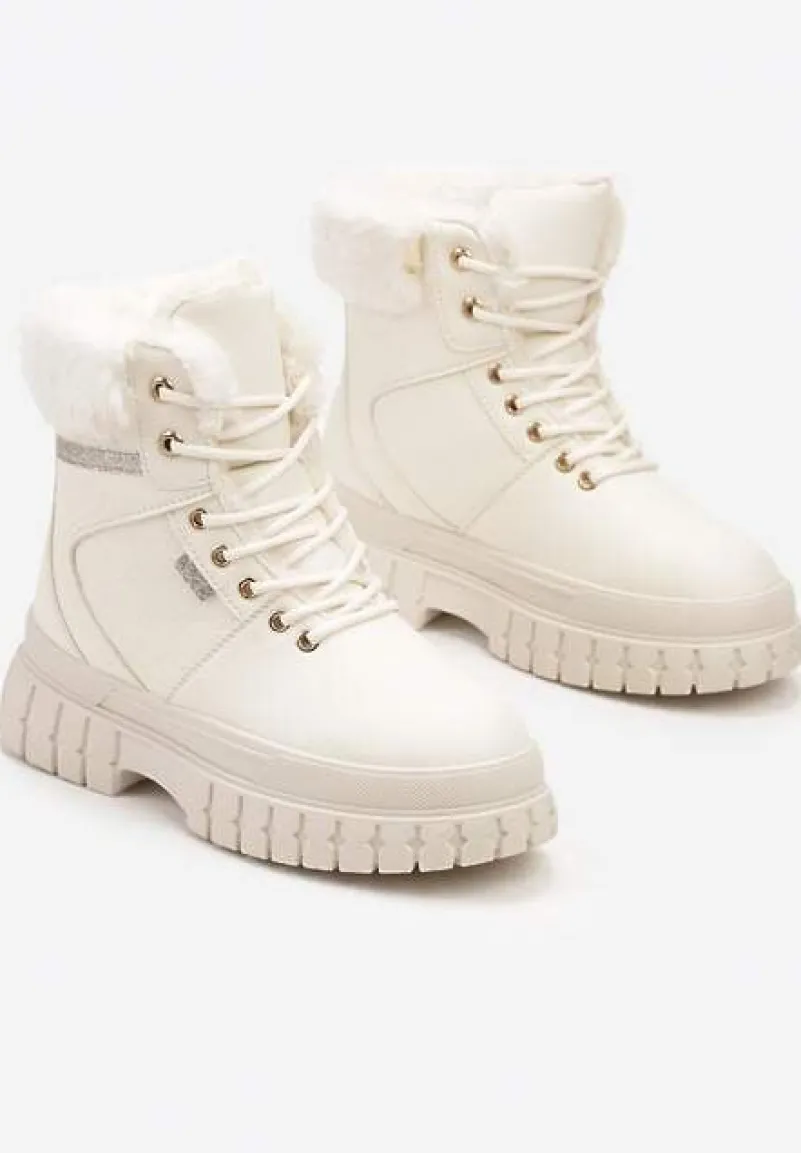 Beżowe Traperki na Tłoczonej Podeszwie z Brokatowymi Wstawkami i Futrem Tomina