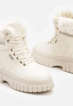 Beżowe Traperki na Tłoczonej Podeszwie z Brokatowymi Wstawkami i Futrem Tomina