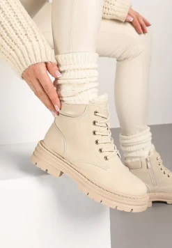 Beżowe Traperki na Tłoczonej Podeszwie Ocieplane Futrem Toriga