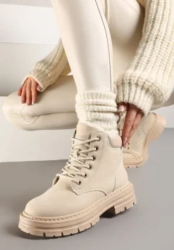 Beżowe Traperki na Tłoczonej Podeszwie Ocieplane Futrem Toriga