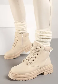 Beżowe Traperki na Tłoczonej Podeszwie Ocieplane Futrem Toriga