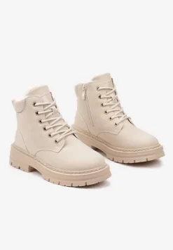 Beżowe Traperki na Tłoczonej Podeszwie Ocieplane Futrem Toriga