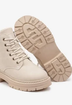 Beżowe Traperki na Tłoczonej Podeszwie Ocieplane Futrem Toriga