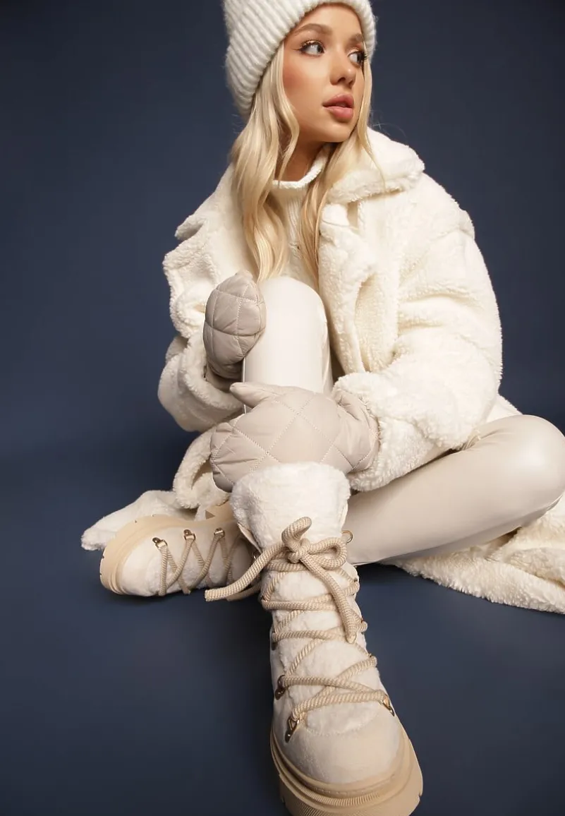 Beżowe Traperki Wiązane na Sznurek Ozdobione Kożuszkiem Sidonnie