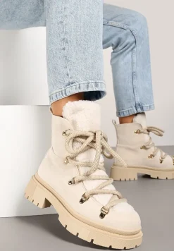 Beżowe Traperki Wiązane na Sznurek Ozdobione Kożuszkiem Sidonnie