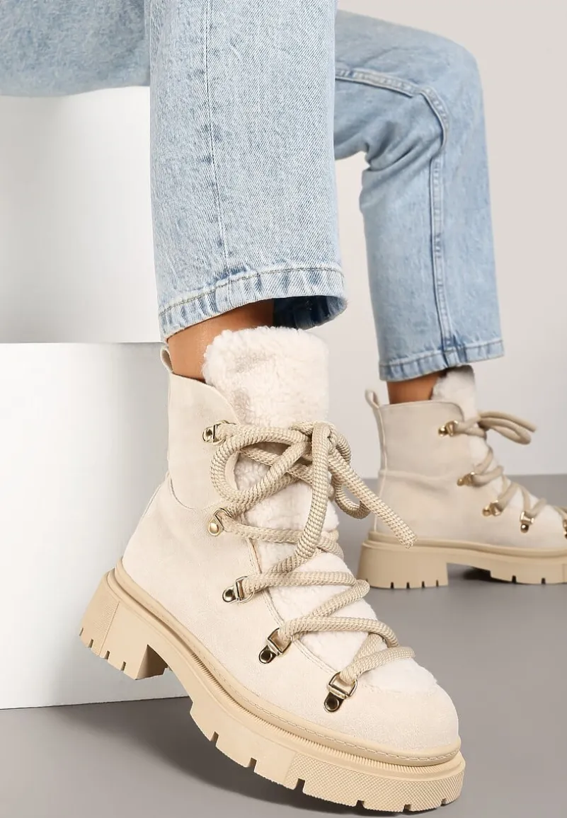 Beżowe Traperki Wiązane na Sznurek Ozdobione Kożuszkiem Sidonnie