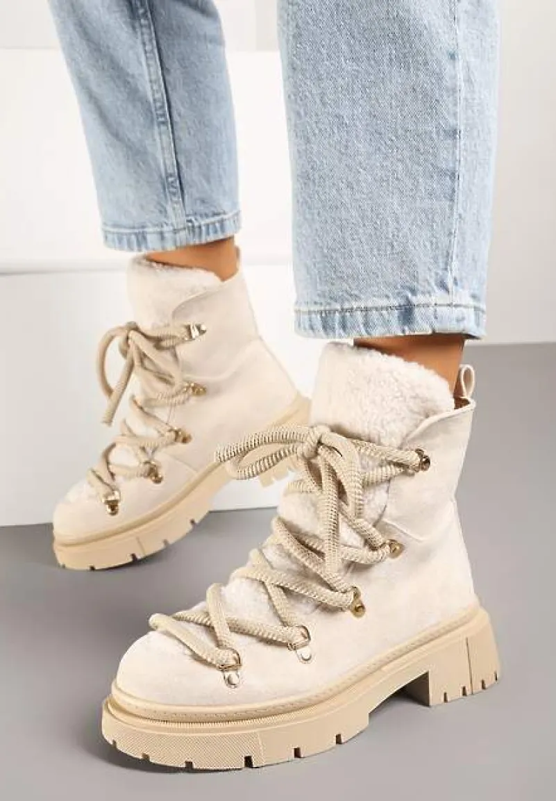 Beżowe Traperki Wiązane na Sznurek Ozdobione Kożuszkiem Sidonnie