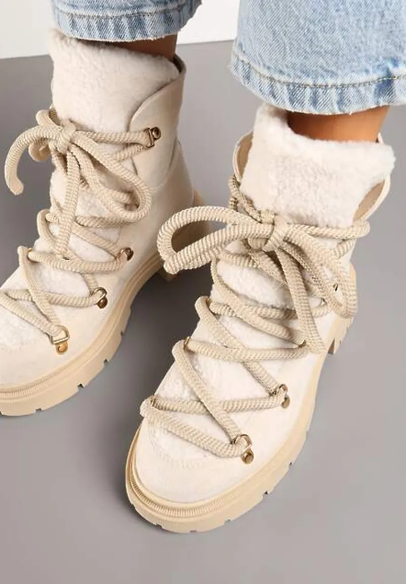 Beżowe Traperki Wiązane na Sznurek Ozdobione Kożuszkiem Sidonnie