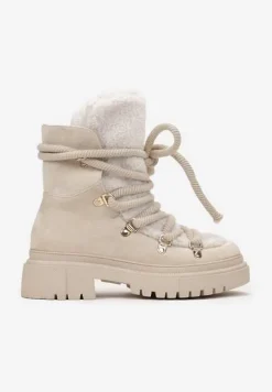 Beżowe Traperki Wiązane na Sznurek Ozdobione Kożuszkiem Sidonnie