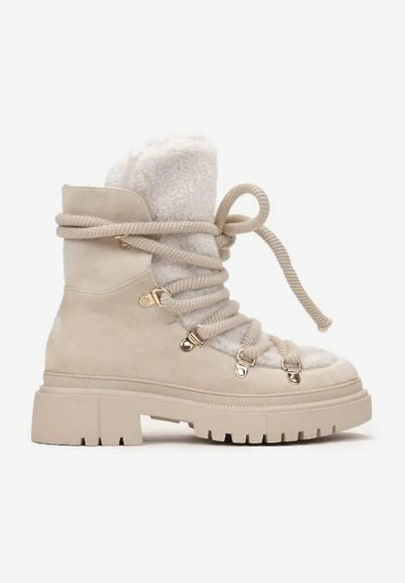 Beżowe Traperki Wiązane na Sznurek Ozdobione Kożuszkiem Sidonnie