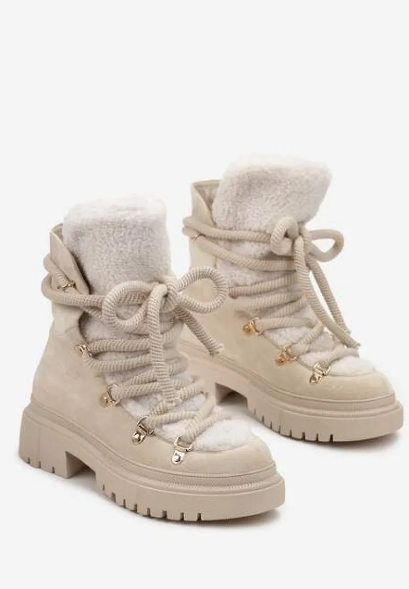 Beżowe Traperki Wiązane na Sznurek Ozdobione Kożuszkiem Sidonnie