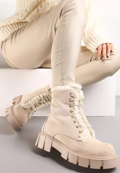 Beżowe Traperki Workery z Futerkiem na Grubej Podeszwie Dathi