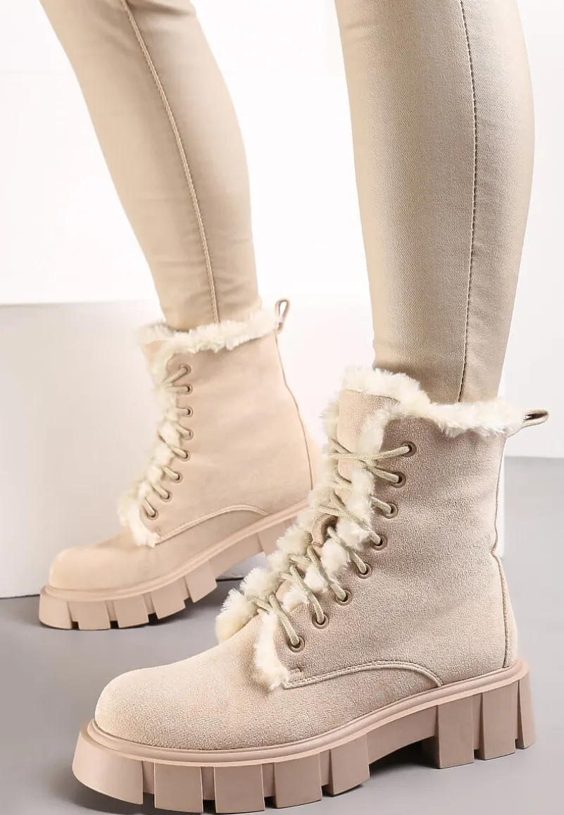 Beżowe Traperki Workery z Futerkiem na Grubej Podeszwie Dathi