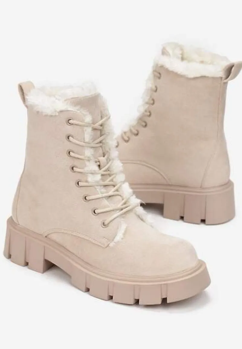 Beżowe Traperki Workery z Futerkiem na Grubej Podeszwie Dathi