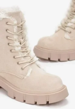 Beżowe Traperki Workery z Futerkiem na Grubej Podeszwie Dathi