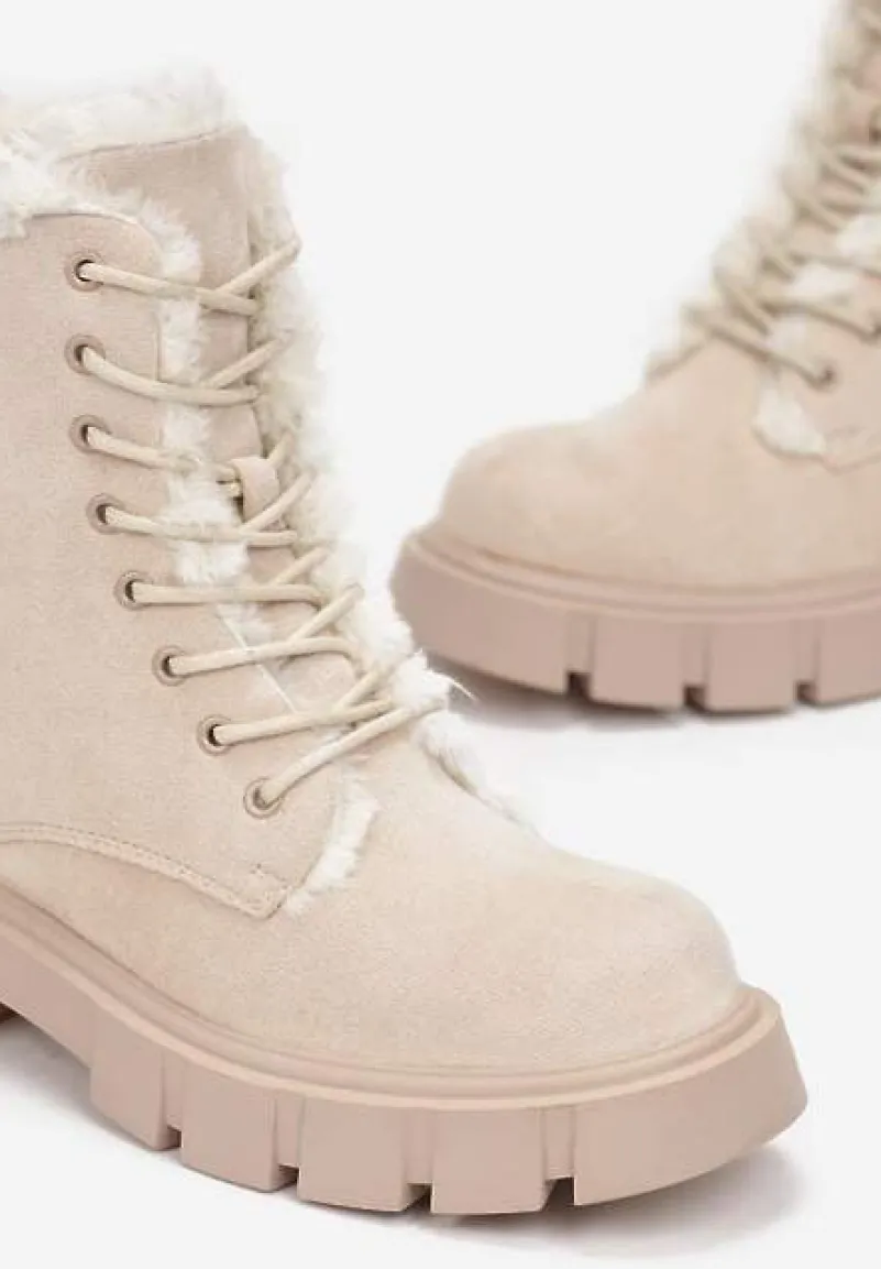 Beżowe Traperki Workery z Futerkiem na Grubej Podeszwie Dathi