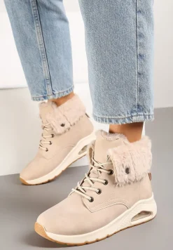 Beżowe Trapery ze Sznurowaną Cholewką z Futrem Zdobione Wstawką przy Podeszwie Nelothiel