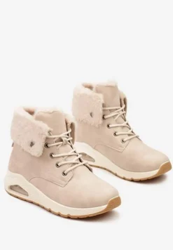 Beżowe Trapery ze Sznurowaną Cholewką z Futrem Zdobione Wstawką przy Podeszwie Nelothiel