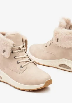 Beżowe Trapery ze Sznurowaną Cholewką z Futrem Zdobione Wstawką przy Podeszwie Nelothiel