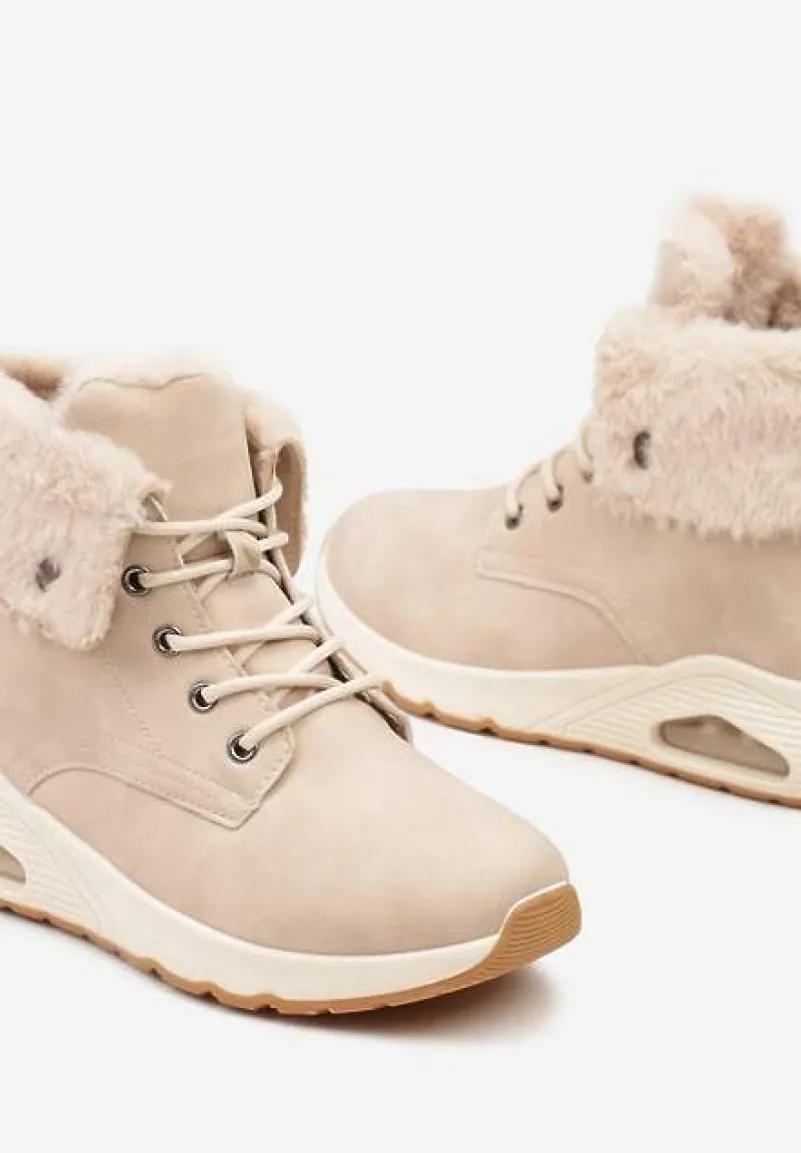 Beżowe Trapery ze Sznurowaną Cholewką z Futrem Zdobione Wstawką przy Podeszwie Nelothiel