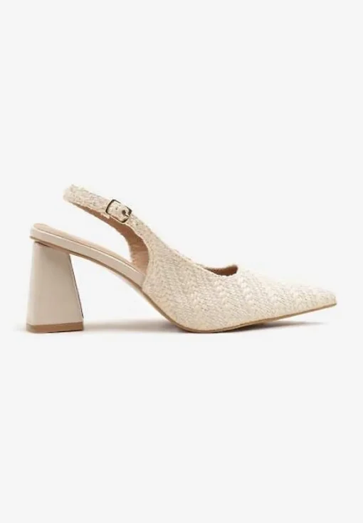 Beżowe Tweedowe Sandały Slingback na Słupkowym Obcasie Taslia