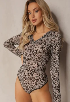 Beżowe Welurowe Body z Ornamentalnym Zdobieniem Xerdamia