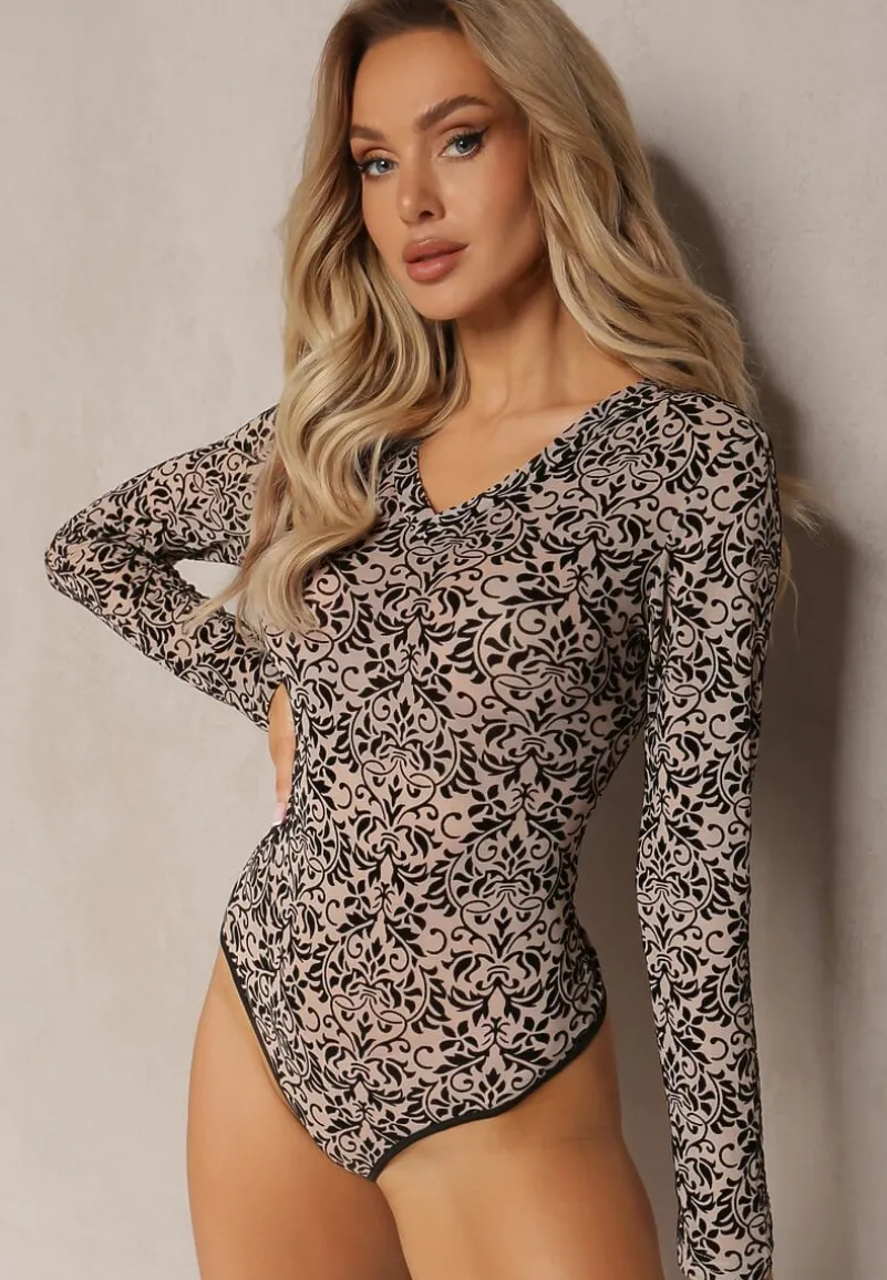 Beżowe Welurowe Body z Ornamentalnym Zdobieniem Xerdamia