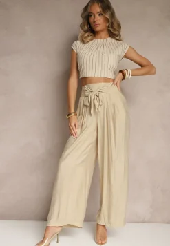 Beżowe Wiskozowe Spodnie High Waist o Szerokim Kroju Aranisa