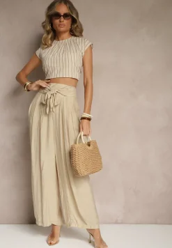 Beżowe Wiskozowe Spodnie High Waist o Szerokim Kroju Aranisa