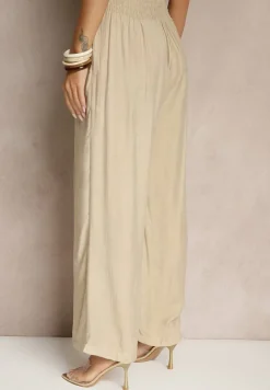 Beżowe Wiskozowe Spodnie High Waist o Szerokim Kroju Aranisa
