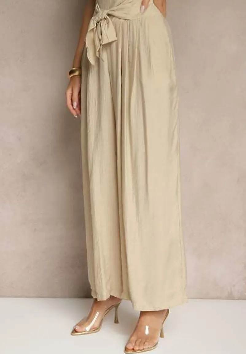 Beżowe Wiskozowe Spodnie High Waist o Szerokim Kroju Aranisa