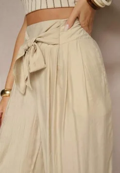 Beżowe Wiskozowe Spodnie High Waist o Szerokim Kroju Aranisa