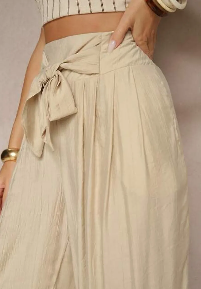 Beżowe Wiskozowe Spodnie High Waist o Szerokim Kroju Aranisa