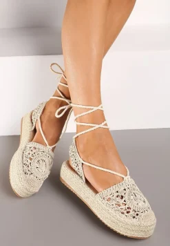 Beżowe Wiązane Espadryle Ażurowe na Plecionej Podeszwie Talea