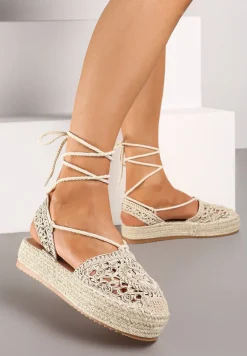 Beżowe Wiązane Espadryle Ażurowe na Plecionej Podeszwie Talea